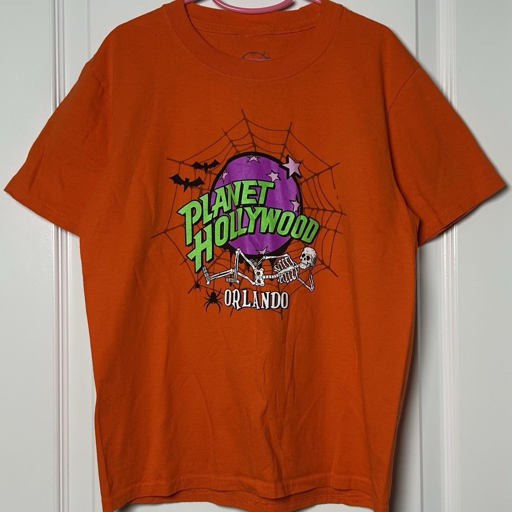 Planet Hollywood Orlando‎ Vintage Y2K Orange Halloween Skeleton Graphic T-Shirt